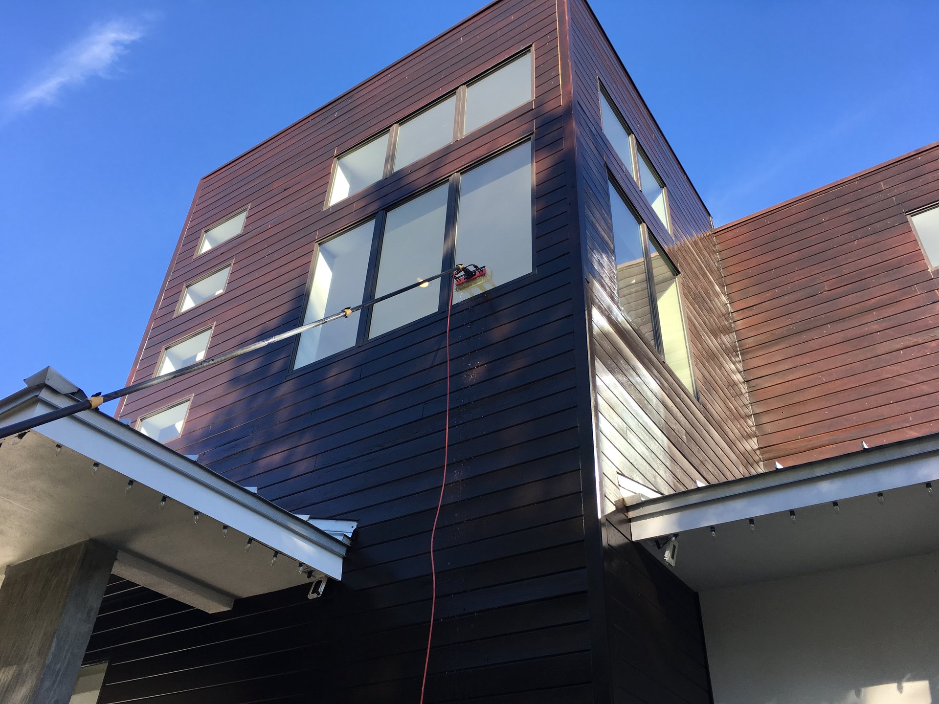 SqueegeeCo cleaning a home's windows with a pure-water pole